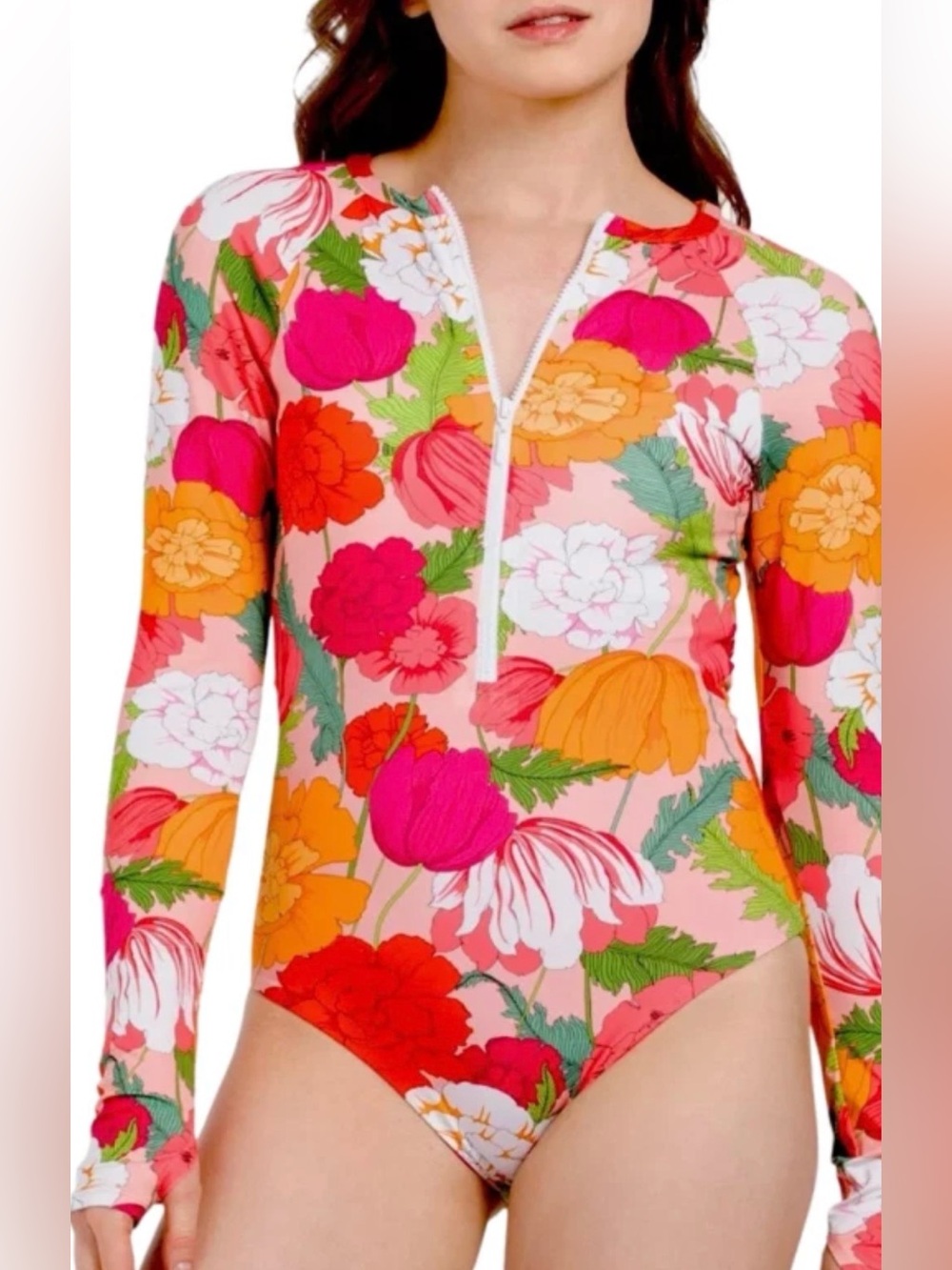 Trina Turk Pink Orange Floral Set Rash Guard and Semi Sheer Pants S/M - Picture 4 of 14